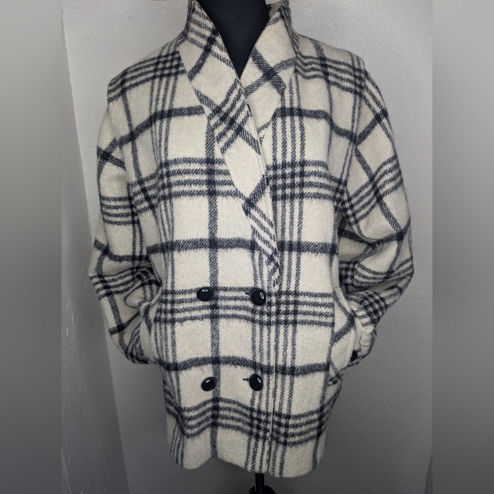 Vtg 80s Saxton Hall White Black Plaid Double Breasted Button Up Wool Coat Sz 12